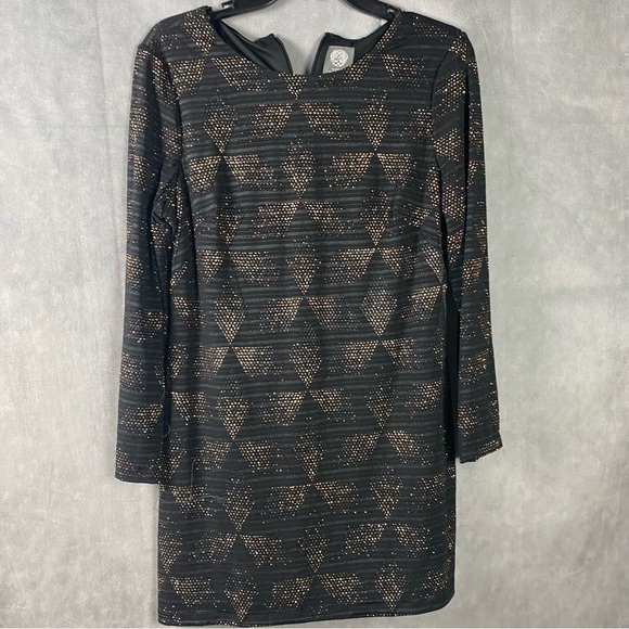 Vince Camuto rose gold and black print long sleeve mini sheath dress. - Picture 6 of 7